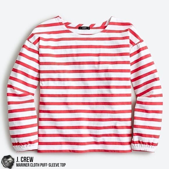 J. CREW MARINER CLOTH PUFF-SLEEVE TOP IN FADED POPPY RED STRIPE WOMEN’S SIZE XXS - Picture 1 of 13